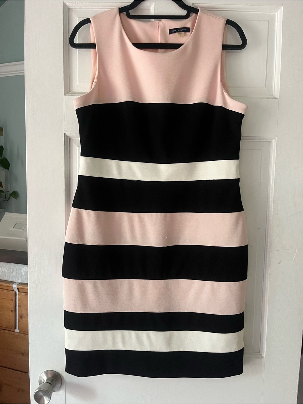 Tommy Hilfiger Pink, Black & White Striped Sleeveless Sheath Dress